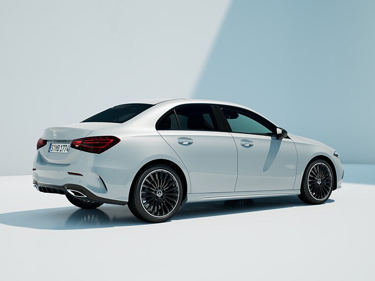 Angled rear view of the Mercedes-Benz A-Class Saloon.