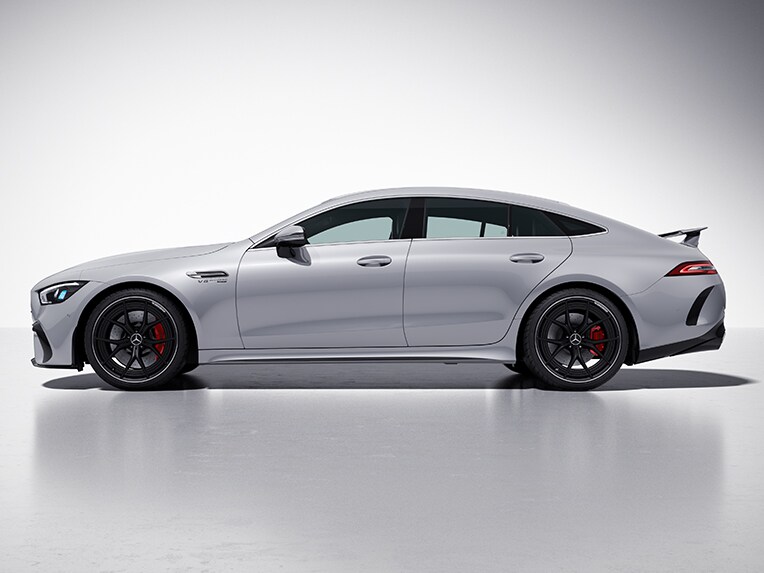 Angled front view of the Mercedes-AMG GT 4-door Coupé with AMG Aerodynamics package.