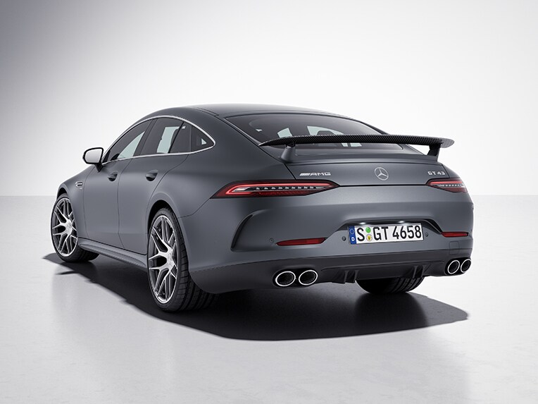 Angled front view of the Mercedes-AMG GT 4-door Coupé with AMG Exterior Carbon package.
