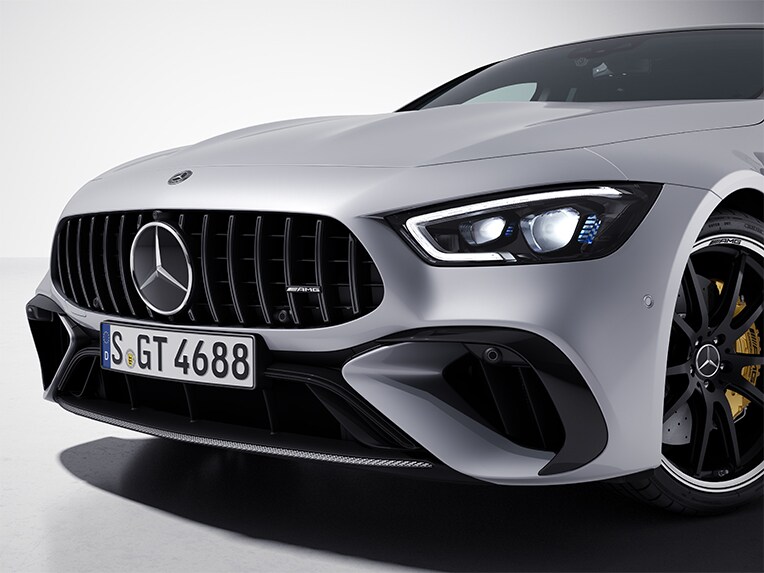 Angled front view of the Mercedes-AMG GT 4-door Coupé with AMG Exterior Carbon package.