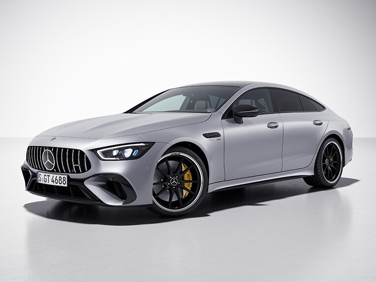 Angled front view of the Mercedes-AMG GT 4-door Coupé with AMG Exterior Night package.