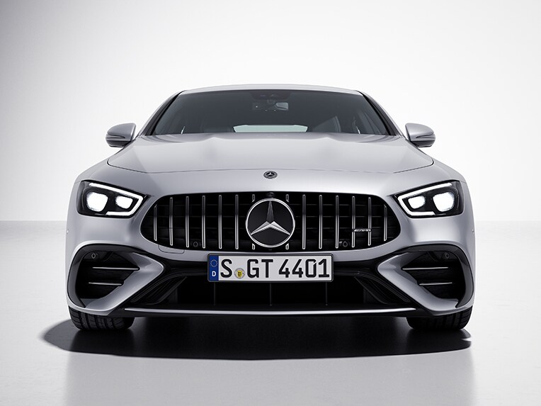 Angled front view of the Mercedes-AMG GT 4-door Coupé with V8 Exterior Styling package.