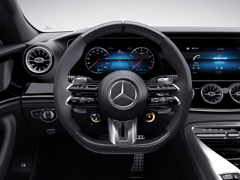 The AMG Performance steering wheel in the Mercedes-AMG GT 4-door Coupé.