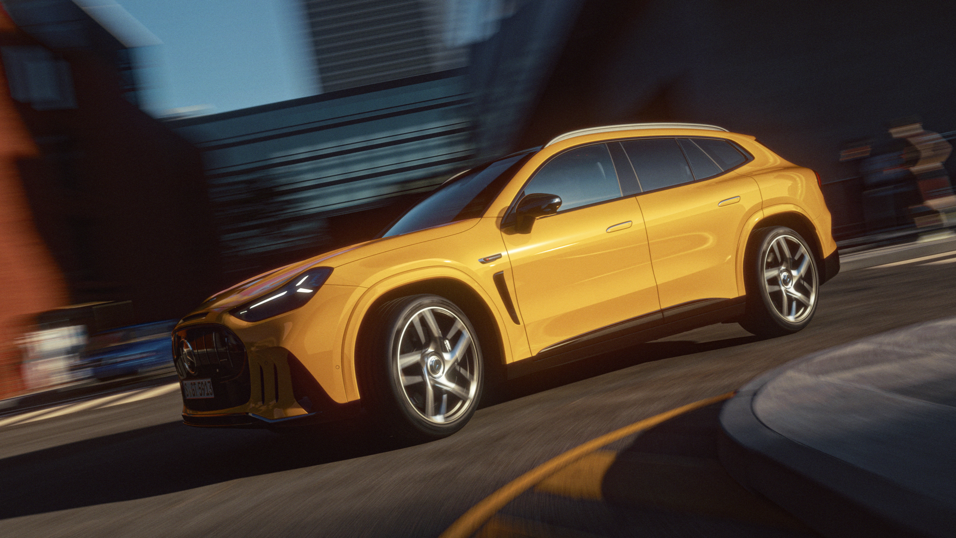 Side view of the all-new Mercedes-AMG GT SUV in an urban street setting.