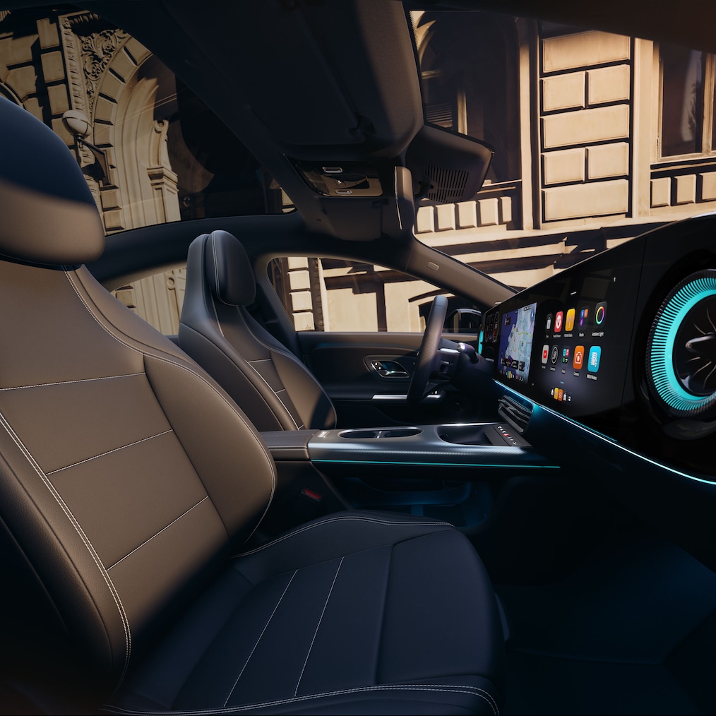 View of the MBUX Superscreen from the driver's seat of the Mercedes-Benz CLA C178 (or side view, where the sports seats are also visible).