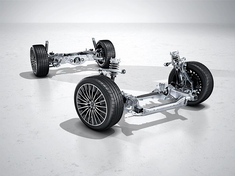 A depiction of DYNAMIC BODY CONTROL in the new CLE Coupé from Mercedes-Benz.
