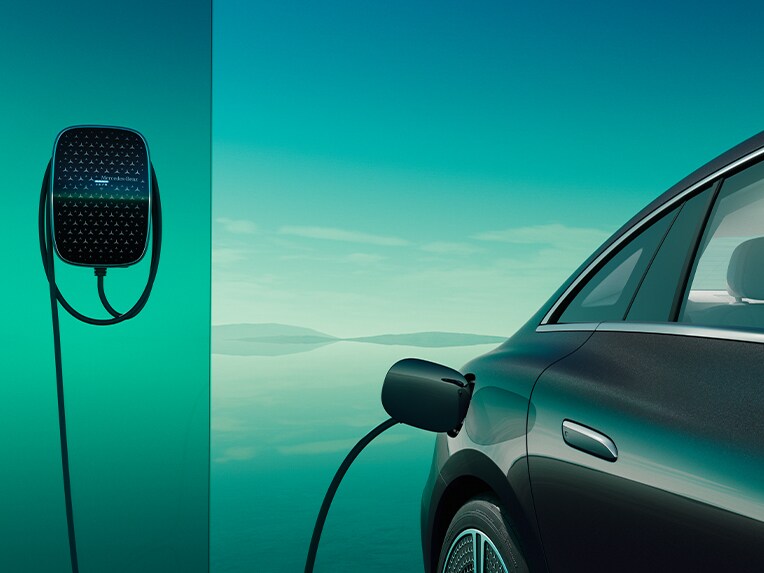 The EQE Saloon from Mercedes-EQ charging at a Mercedes Benz Wallbox.