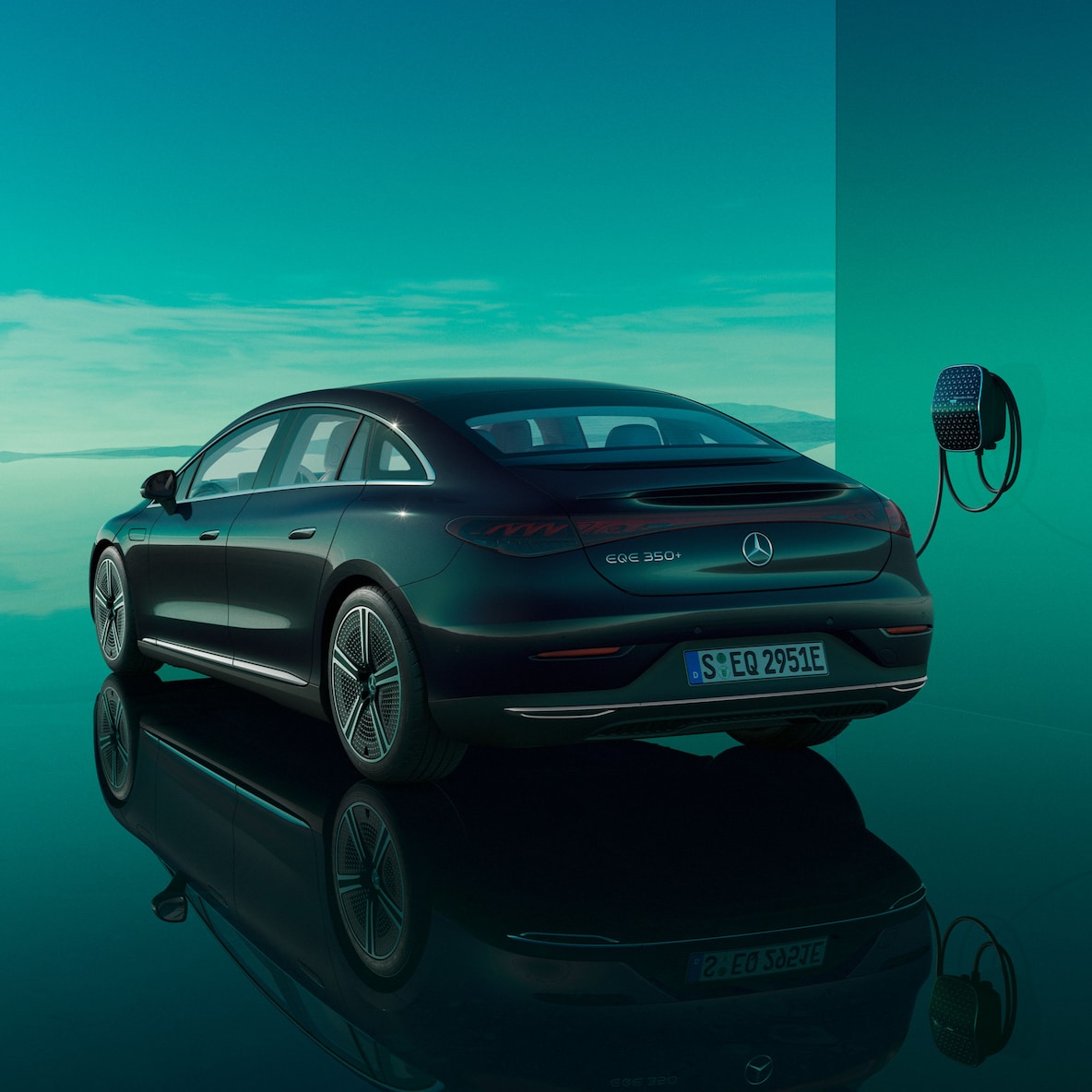 The EQE Saloon charging at a Mercedes-Benz Wallbox, which is available separately.