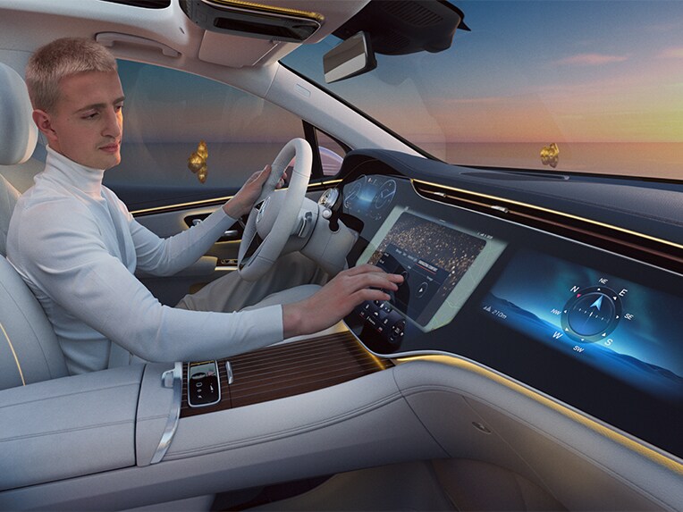 The interior of the new EQS SUV from the passenger's perspective.