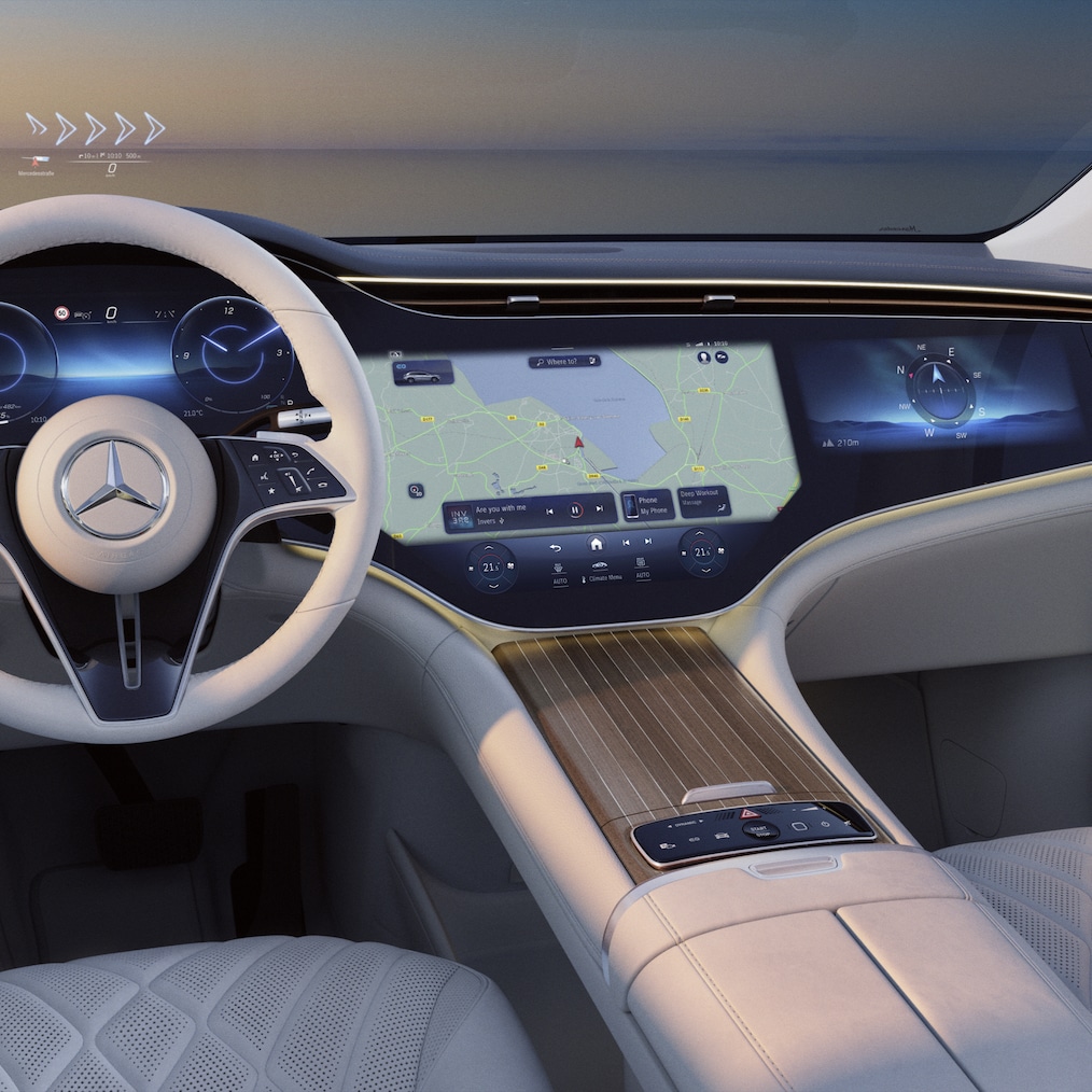 The MBUX Hyperscreen in the luxury EQS SUV from the driver's perspective.