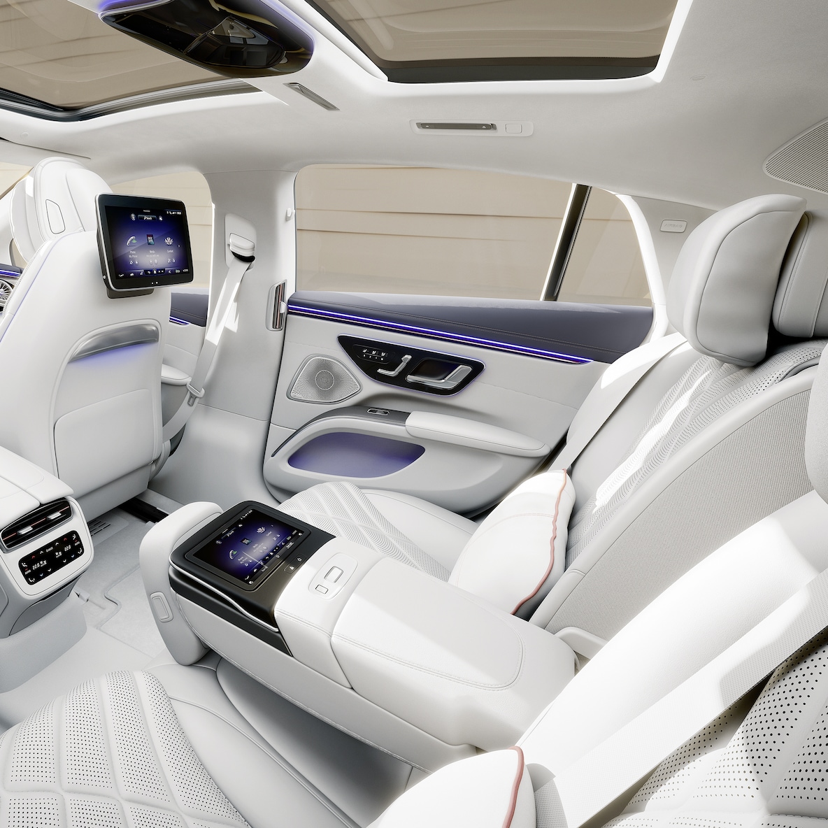 The rear passenger compartment of the EQS Saloon from Mercedes-Benz.