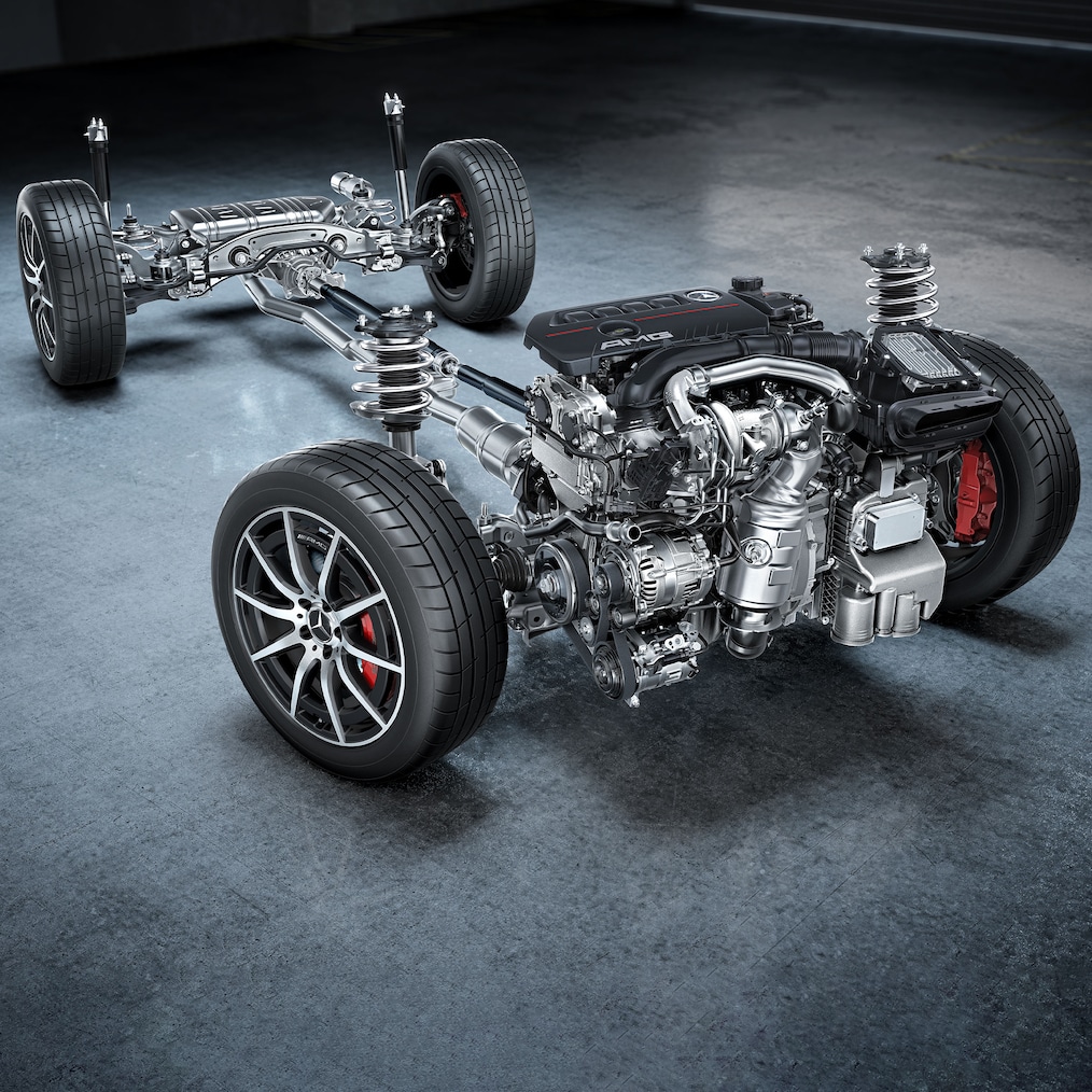 The chassis with drivetrain of the Mercedes-AMG GLA 35 4MATIC.