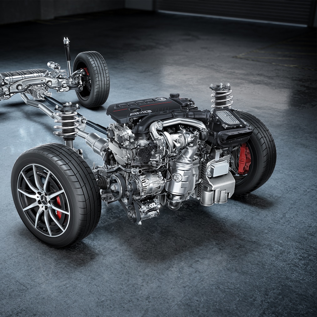 The chassis with drivetrain of the Mercedes-AMG GLB 35 4MATIC.