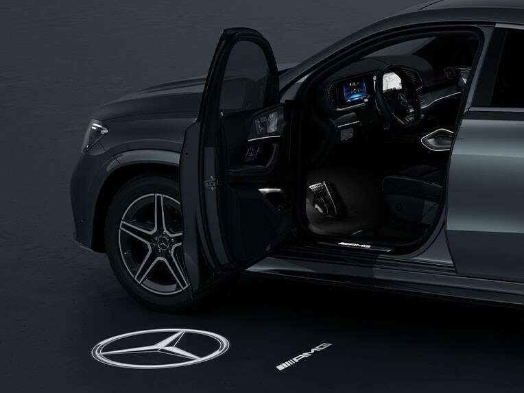 The ambient lighting with animated projection of the AMG logo for the new Mercedes-AMG GLE Coupé.