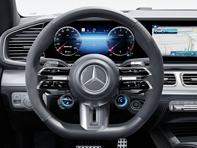 The AMG Performance steering wheel in nappa leather / MICROCUT microfibre in the new Mercedes-AMG GLE Coupé.
