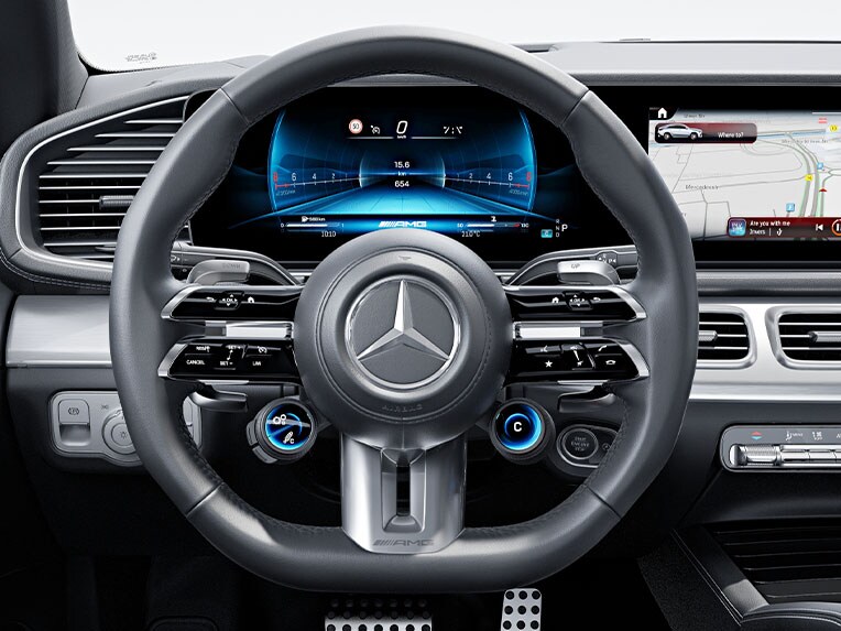 The AMG Performance steering wheel in nappa leather in the new Mercedes-AMG GLE Coupé.