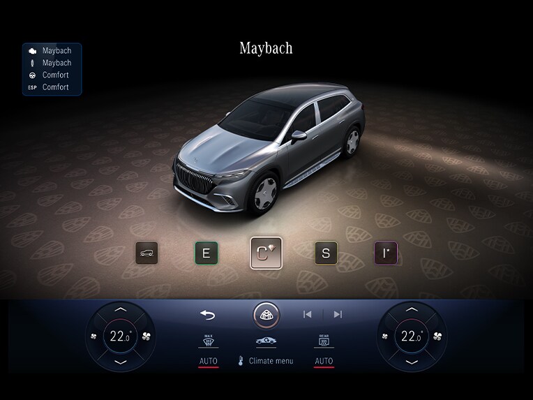 The central display in the interior of the Mercedes-Maybach EQS SUV.