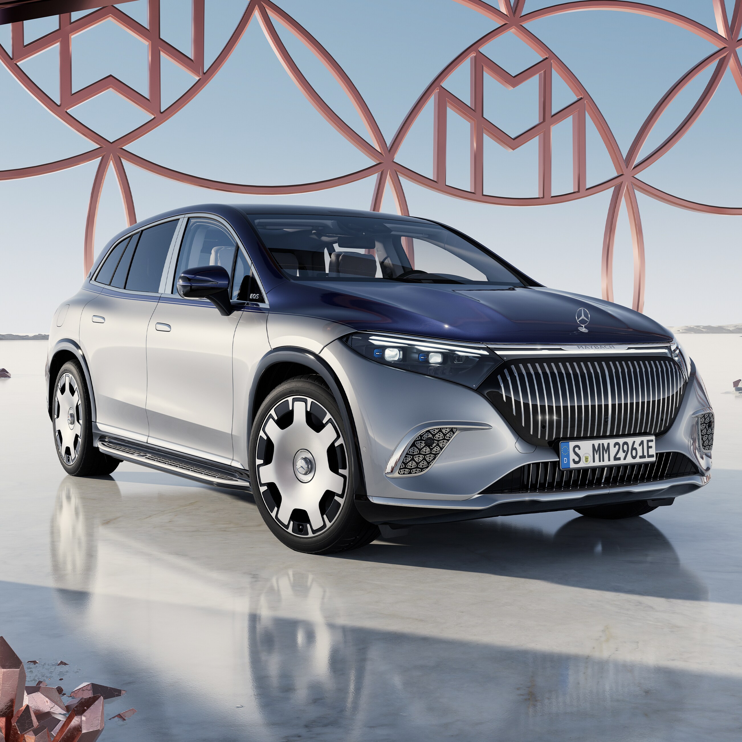 The Mercedes-Maybach EQS SUV electric in a side front view.