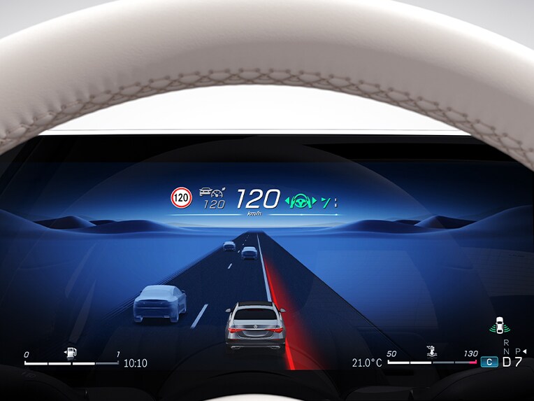 On-screen display of Active Lane Keeping Assist in the Mercedes-Benz S-Class Saloon.