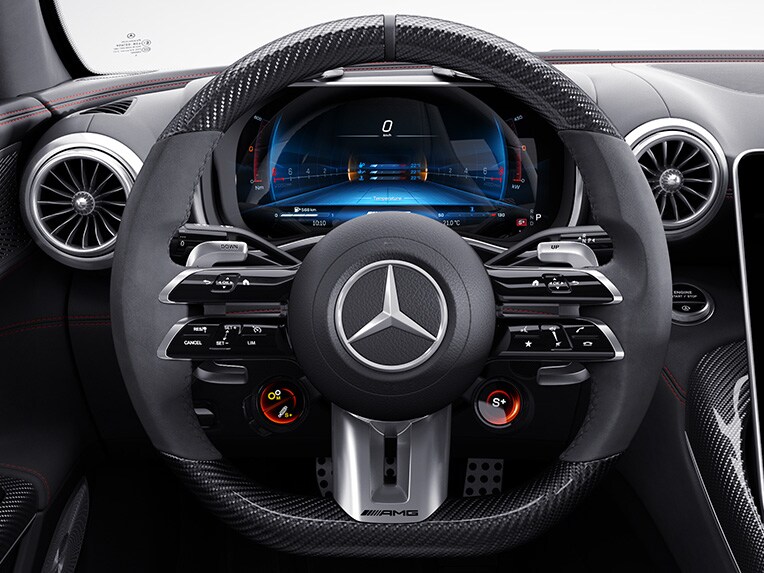 The AMG Performance steering wheel in the Mercedes-AMG SL Roadster.