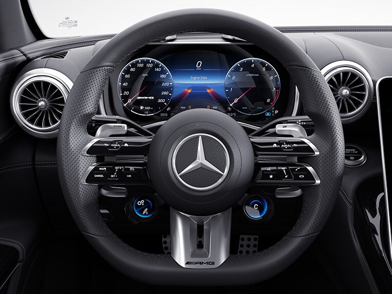 The AMG Performance steering wheel in nappa leather in the Mercedes-AMG SL Roadster.