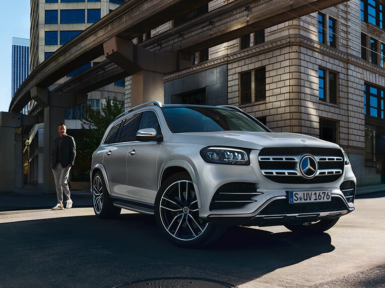 The Mercedes-Benz GLS in a side front view in the city.