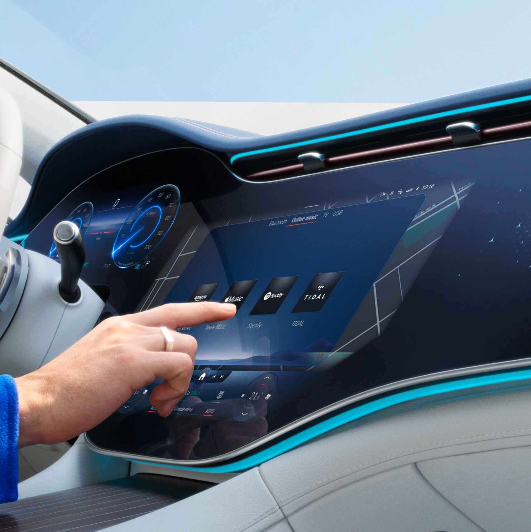 Digital Extras being selected on the screen of the MBUX multimedia system in a Mercedes-Benz.