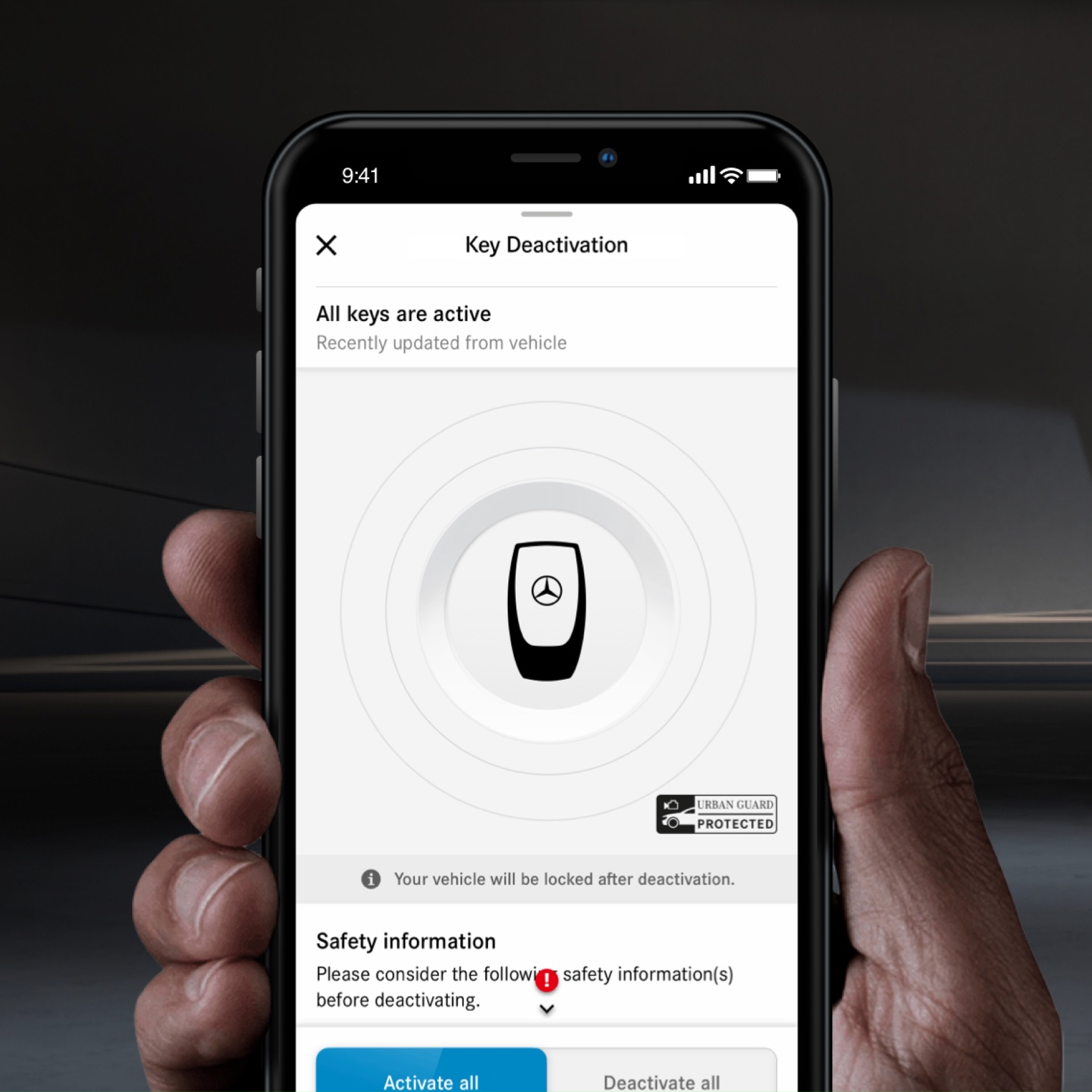 Emergency Key Deactivation | Excellence Package | Mercedes me The menu of the Emergency Key Deactivation Digital Extra is displayed here on a smartphone.