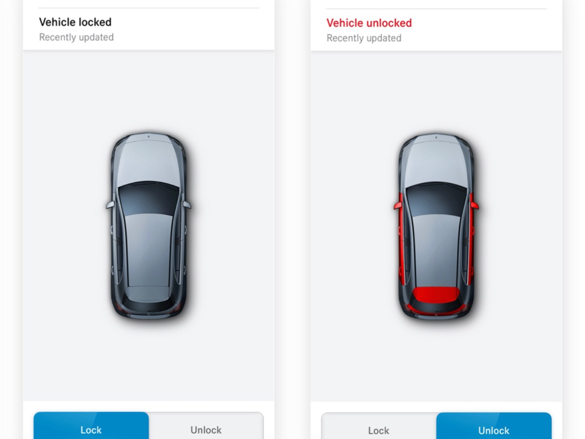 A smartphone shows the various screens that are displayed when the Remote Door Locking and Unlocking Digital Extra determines that not all doors are locked.