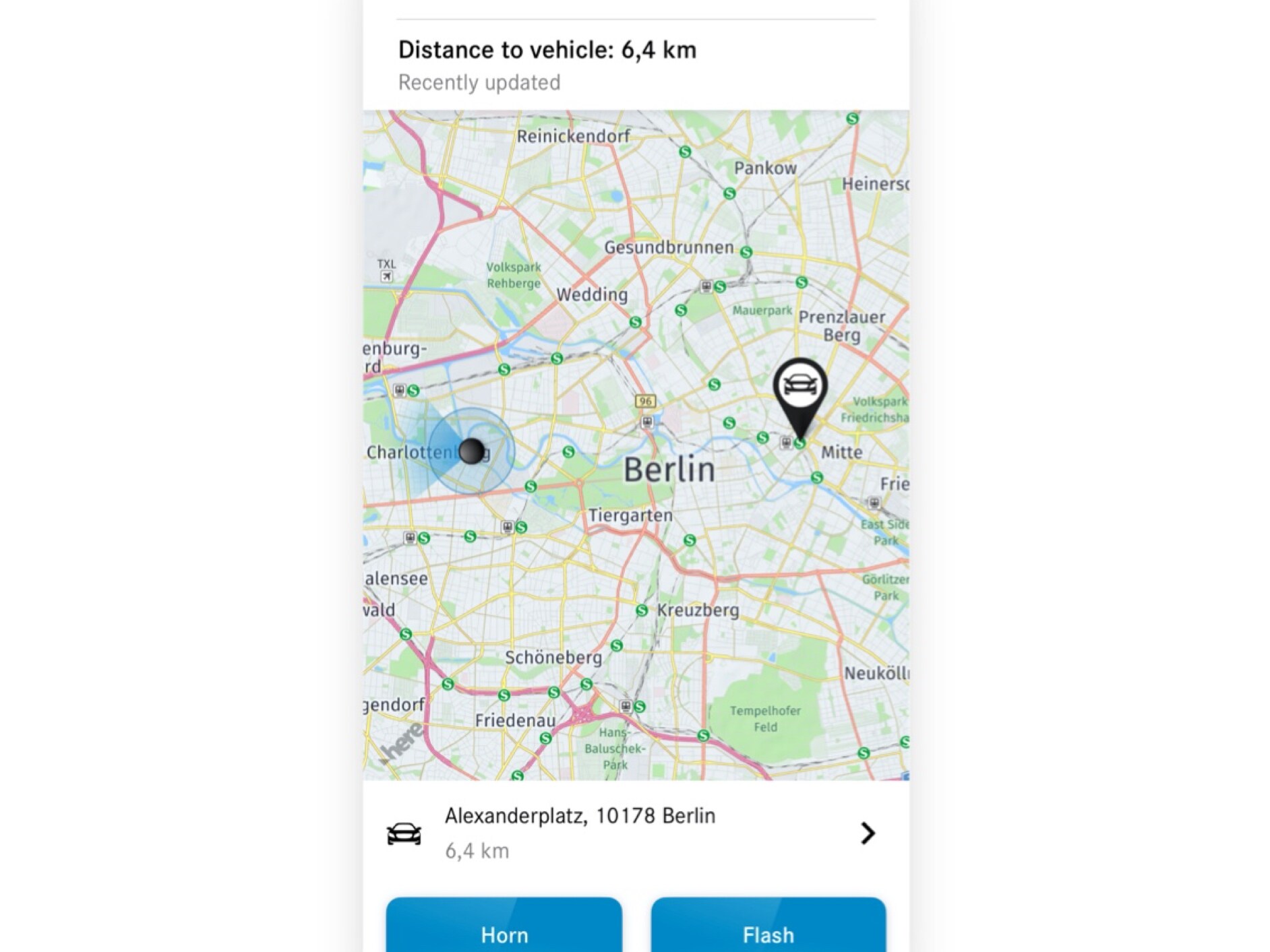 The location of the Mercedes-Benz is displayed on a smartphone by the Vehicle Tracker Digital Extra.