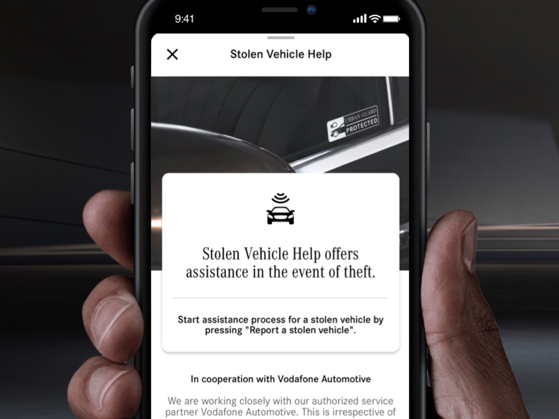 Stolen Vehicle Help is offered through a GUARD 360° Digital Extra on a smartphone.