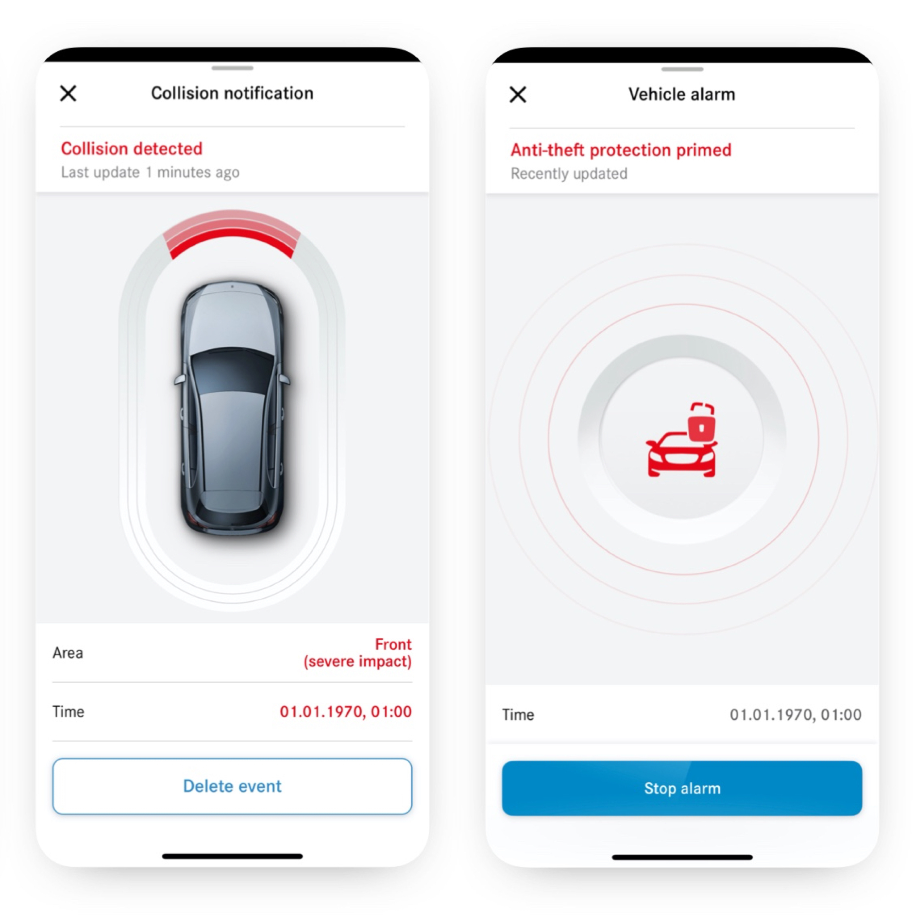Theft Notification with Collision Detection | Excellence Package | Mercedes me The Theft Notification and Collision Detection Digital Extra on a smartphone indicates that a collision has occurred.