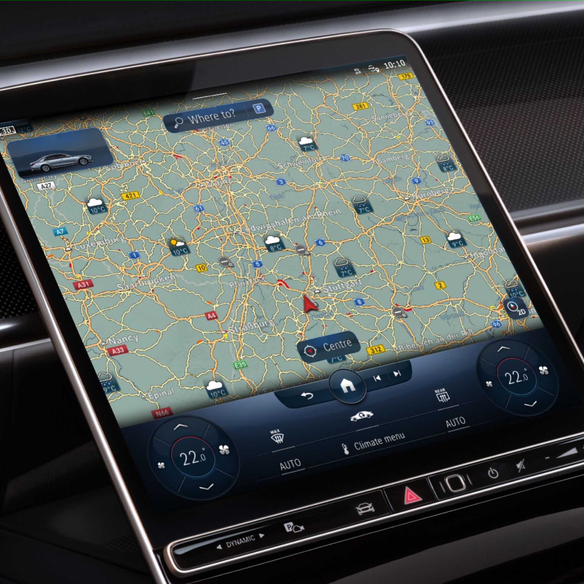 Weather Map | Excellence Package | Mercedes me The MBUX multimedia system displays the forecast weather in the destination region thanks to the Weather Map Digital Extra.
