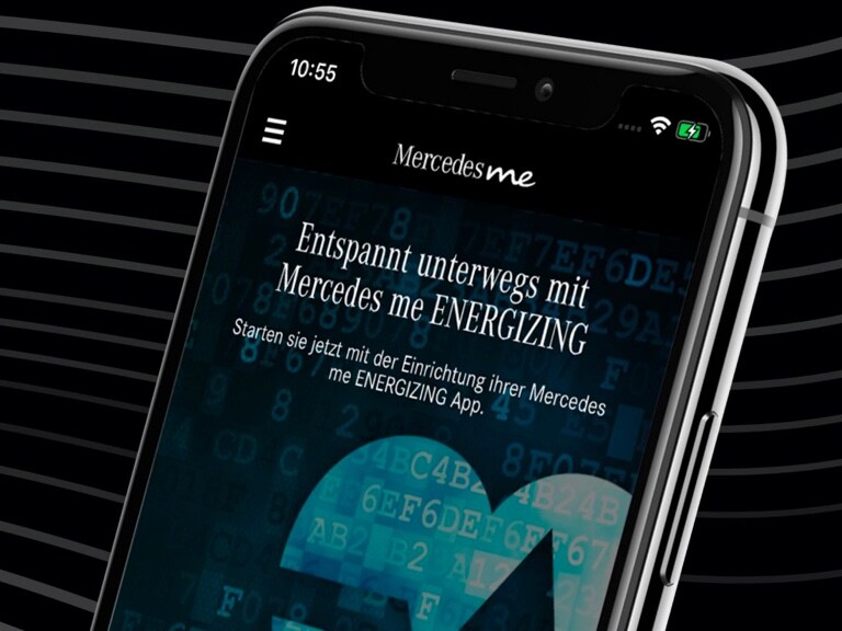 Mercedes me ENERGIZING App open on a smartphone with the first steps for set-up on display.