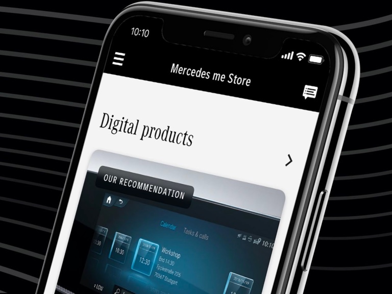 Store App | Apps | Mercedes me The recommended In-Car Office Digital Extra is displayed in the Mercedes me Store on a smartphone.