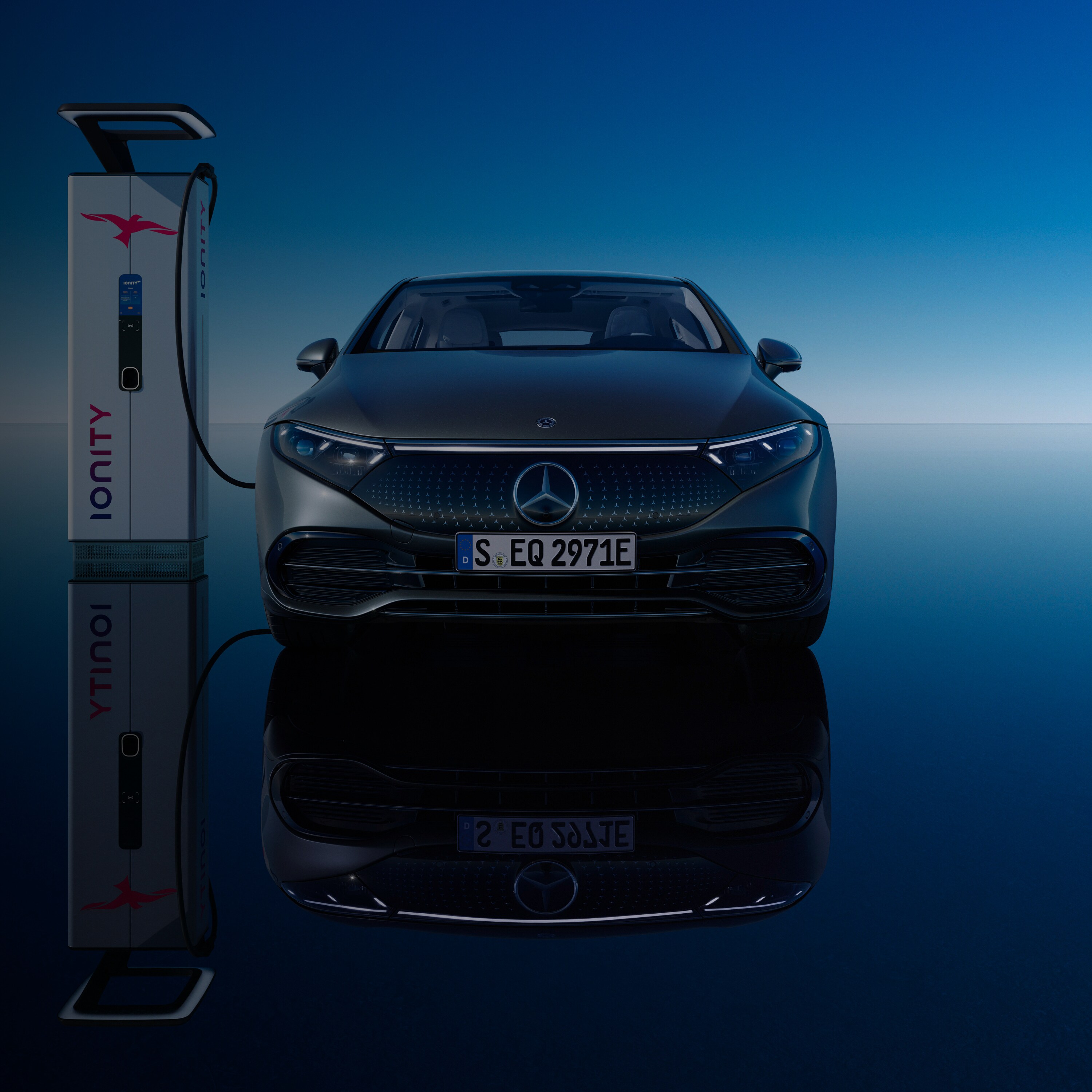 A Mercedes-Benz EQS charging at an IONITY charging station