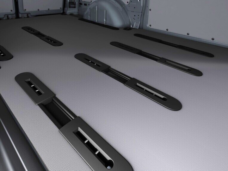 The water-resistant, single-piece plastic floor protects the metal floor beneath it against damage.