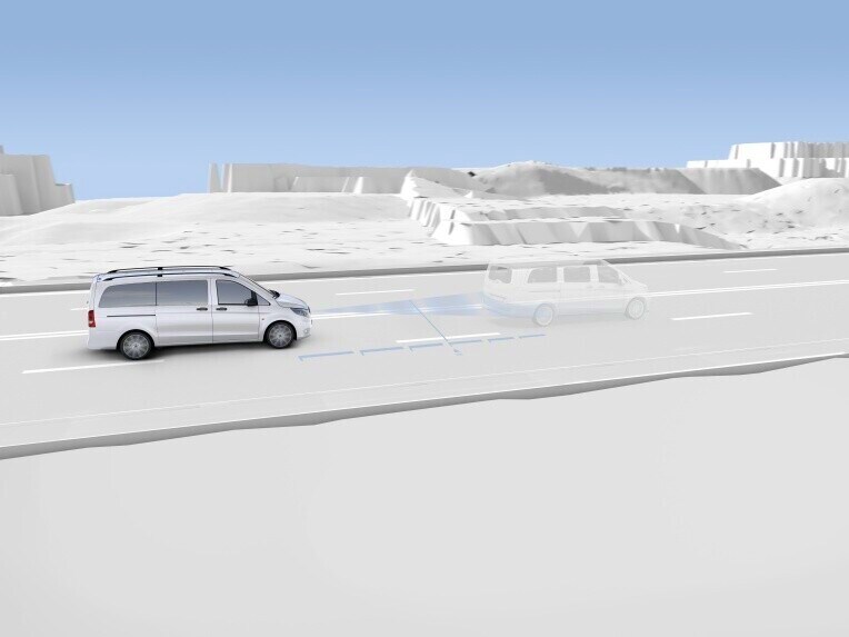 The radar-based Active Distance Assist DISTRONIC system automatically maintains a set distance to vehicles travelling in front.