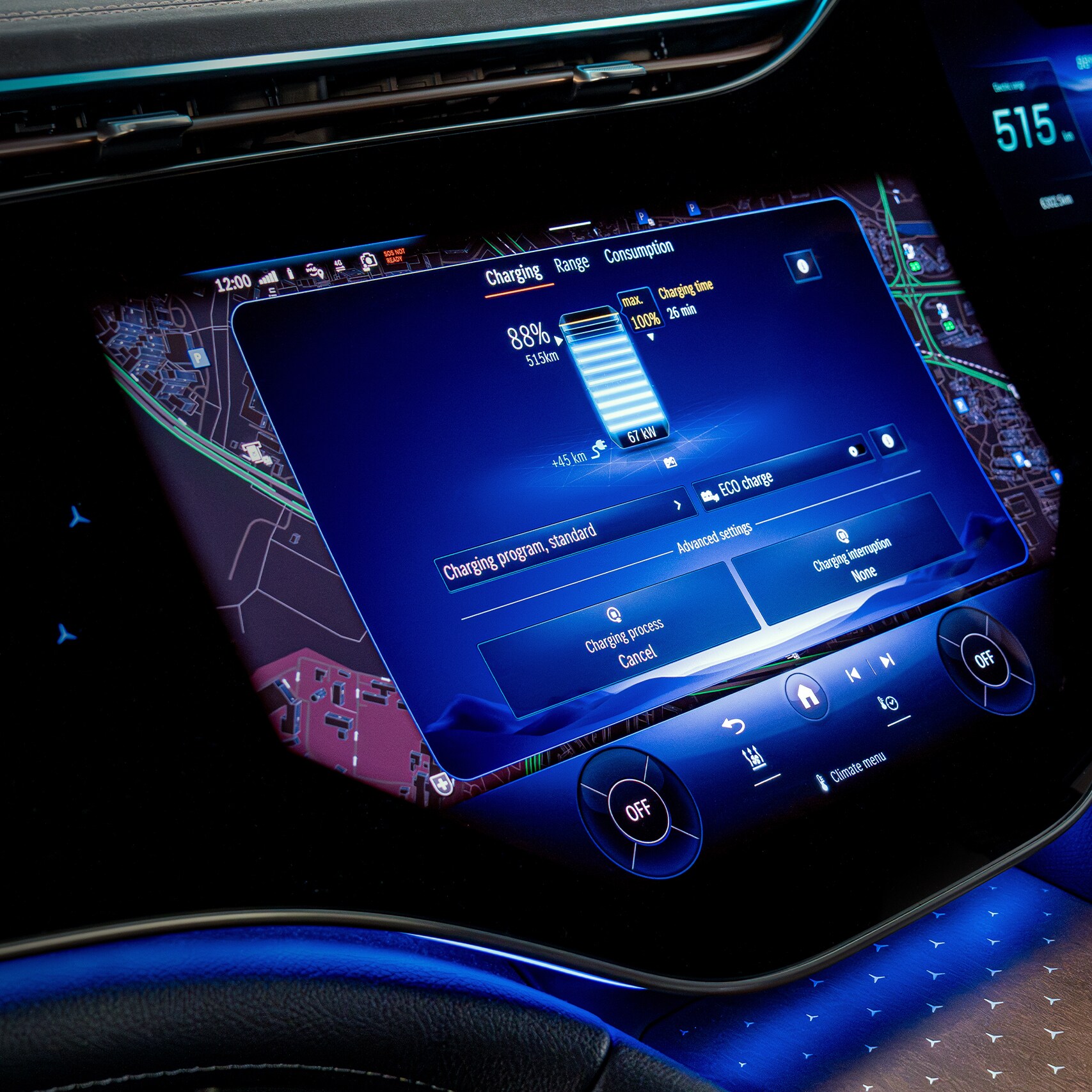 A person operating the navigation system from Mercedes-Benz, which also displays public charging station locations