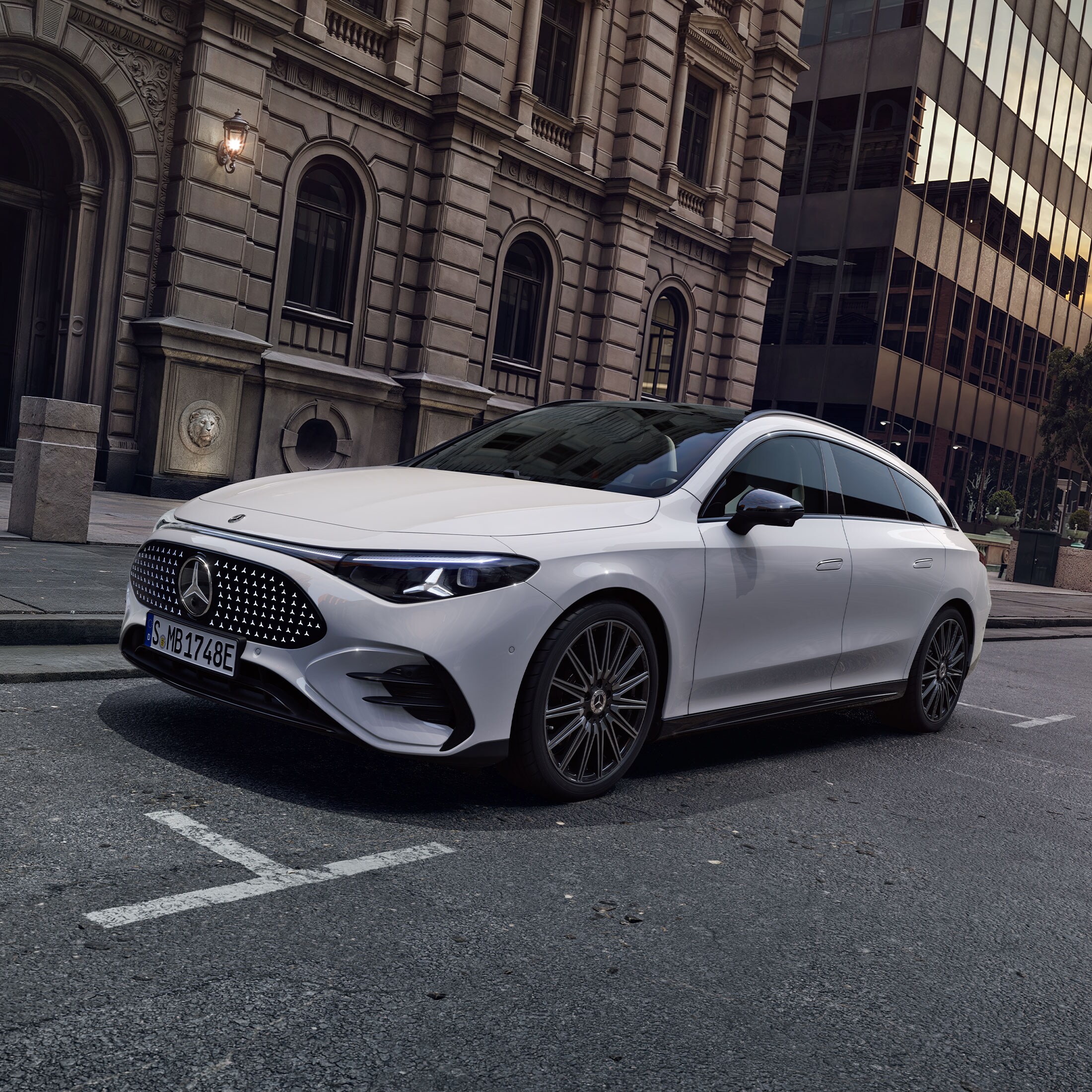 Fron side view of the all-new electric CLA Shooting Brake parked on a city street.
